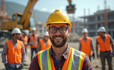 A group of construction workers on a building site, wearing safety helmets, reflective vests, and work gloves, engaged in various tasks with heavy machinery and tools around them.