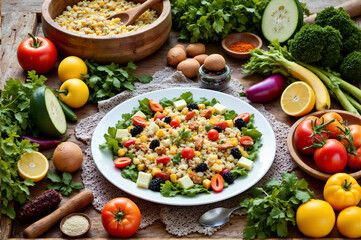 food flat lay featuring a colorful assortment of fresh ingredients and dishes arranged artfully on a rustic wooden table. The scene includes a variety of fruits, vegetables, and herbs.