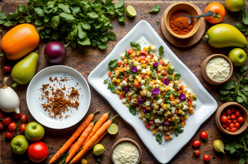 food flat lay featuring a colorful assortment of fresh ingredients and dishes arranged artfully on a rustic wooden table. The scene includes a variety of fruits, vegetables, and herbs.
