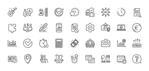 Calendar, Account and Timer line icons pack. AI, Question and Answer, Map pin icons. Time management, Inspect, Payment web icon. Time, Stress grows, Instruction manual pictogram. Vector