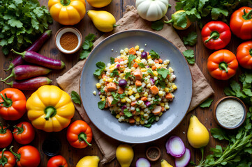 food flat lay featuring a colorful assortment of fresh ingredients and dishes arranged artfully on a rustic wooden table. The scene includes a variety of fruits, vegetables, and herbs.