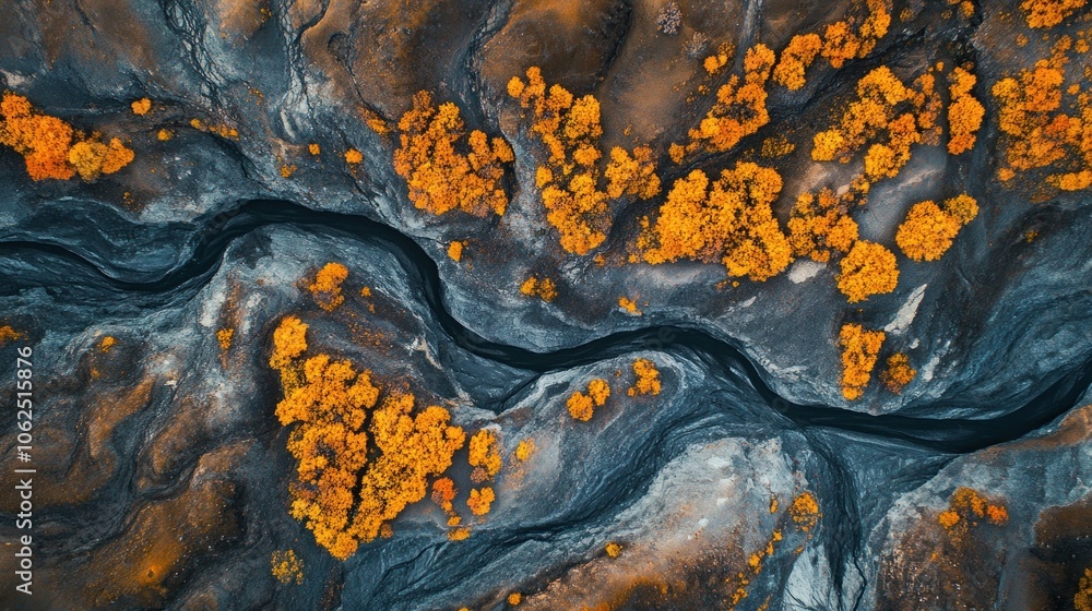 Poster aerial view of a river winding through a landscape of fall foliage and abstract patterns.