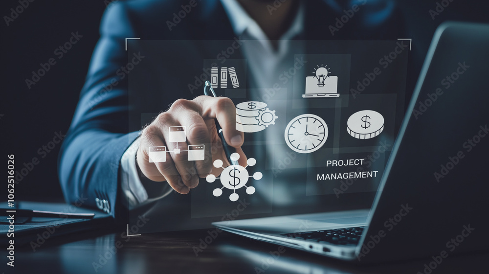 Poster advanced project management integration .a business professional engages with a laptop to manage a s