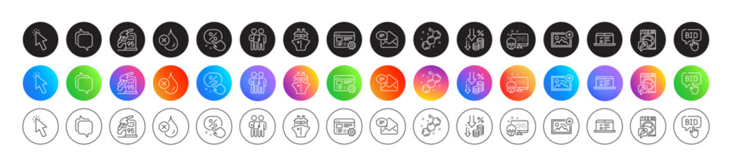 No waterproof, Chemical formula and Discount button line icons. Round icon gradient buttons. Pack of Messenger, Bid offer, Cursor icon. Web settings, Washing machine, Web lectures pictogram. Vector