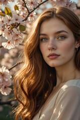 Naklejka premium Young Woman with Flowing Hair Surrounded by Cherry Blossom Flowers in Soft Natural Light