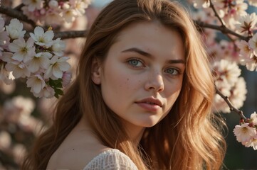 Naklejka premium Beautiful Young Woman with Flowing Hair Surrounded by Cherry Blossom Flowers in Soft Natural Light