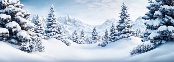Obraz premium Tranquil winter wonderland a serene snow-capped landscape of pine trees and mountains