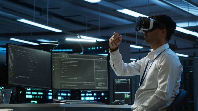 Programmer in data center managing and maintaining databases using futuristic VR headset, ensuring data integrity and security. Expert updating server room systems using virtual reality