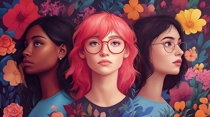 Three diverse women with different hair and skin tones, lgbt pride parade concept illustration