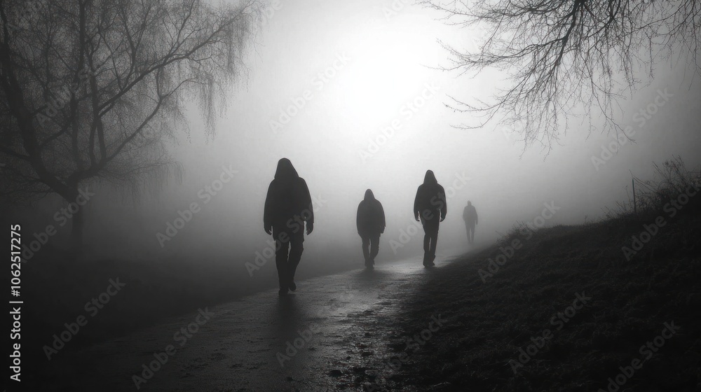 Poster three shadowy figures walk on a path through dense fog.