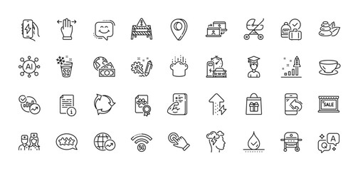 Engineering, Smile chat and Waterproof line icons pack. AI, Question and Answer, Map pin icons. Cooking hat, Touchscreen gesture, Multitasking gesture web icon. Vector