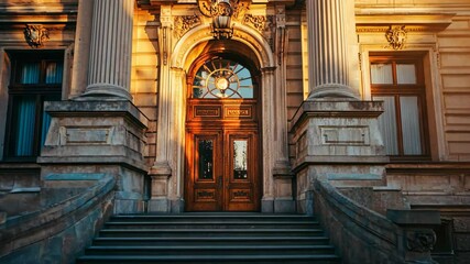 A grand stone building with an ornate arched doorway and a set of stairs leading to the entrance