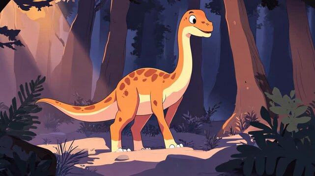 A cartoon dinosaur stands in a forest, looking curiously at something just out of frame, in the early evening