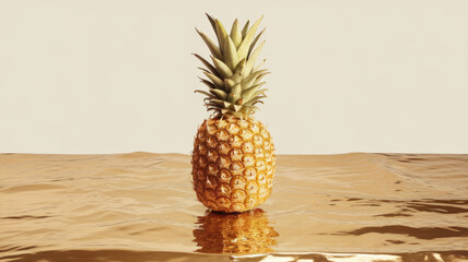 A vibrant, fresh pineapple proudly sits atop a reflective golden surface, showcasing its textured...