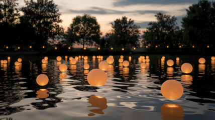 Serene twilight scene featuring glowing lanterns floating on a calm lake, surrounded by lush trees under a soft, dusky sky.