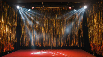 A dazzling stage setup featuring shimmering gold curtains and dramatic lighting, ready for a captivating performance.