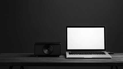 Sleek Modern Laptop and High-Tech Projector on Minimalist Desk Setup for Creative Workspaces