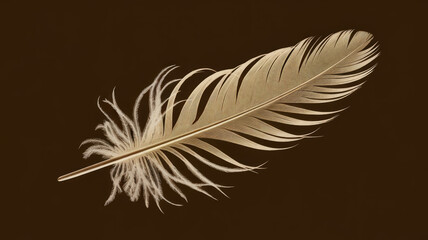Obraz premium A delicate golden feather gracefully rests against a dark brown background, showcasing its intricate details and soft texture, symbolizing elegance and freedom.