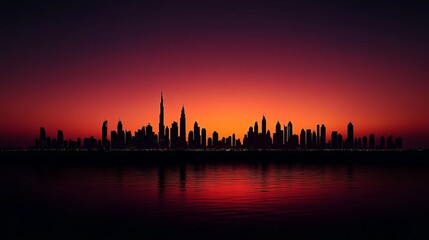 Obraz premium A city skyline is reflected in the water, with the sun setting in the background