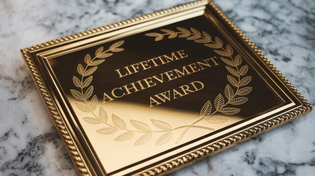 A beautifully designed Lifetime Achievement Award plaque highlighting excellence with an ornate gold finish, set against a textured marble background.