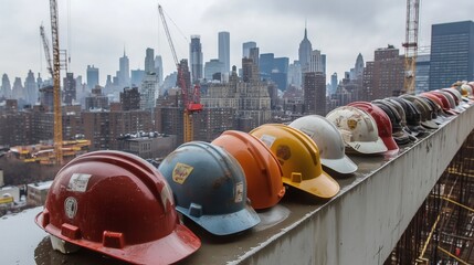 Row of Colorful Hard Hats on Construction Site Ledge. A line of colorful hard hats neatly arranged on a concrete ledge overlooks a busy urban construction site with cranes and skyscrapers.