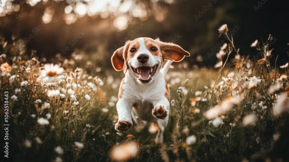 Poster a beagle puppy runs through a field of daisies with its tongue out in a joyful expression.