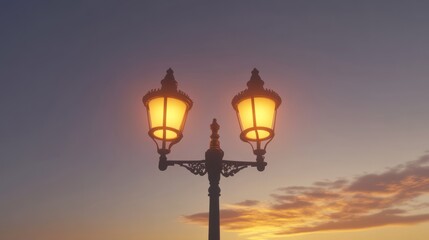 Elegant Street Lamp Illuminated Against a Vibrant Sunset Sky in a Serene Urban Setting