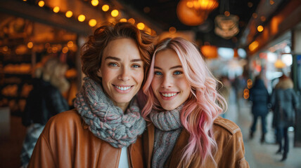 Obraz premium Smiling mother and daughter bundled up in cozy scarves and leather jackets, enjoying a winter day together with warm lights and a festive atmosphere in the background
