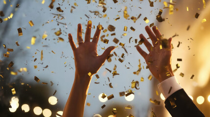 A joyful celebration captured with hands raised amidst a shower of golden confetti at a festive event, exuding excitement and happiness.