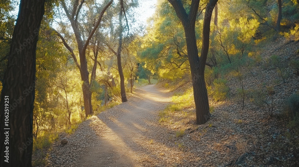 Poster a winding path through a forest with sunlight filtering through the trees.