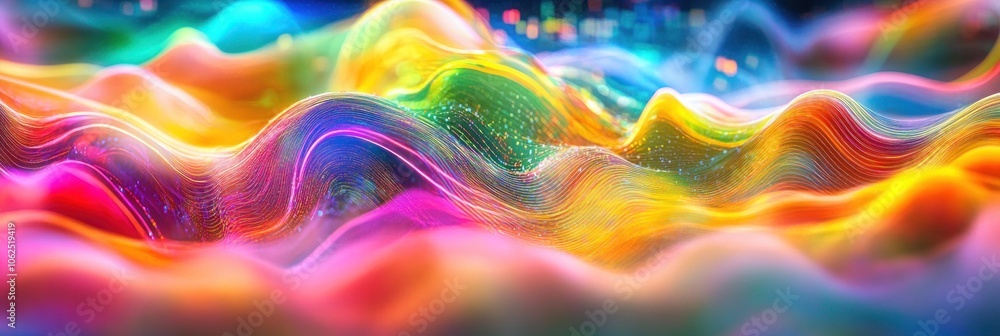 Poster abstract colorful waves with glowing lines in a 3d digital landscape.