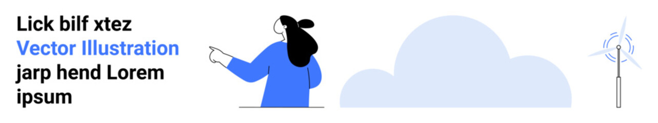 Woman with bun hairstyle pointing right towards a cloud and wind turbine background, modern flat design. Ideal for technology, sustainability, environment, renewable energy, innovation, education