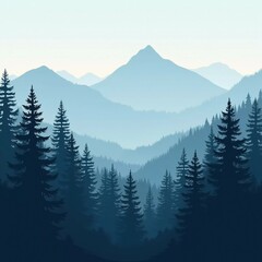 Fototapeta premium A peaceful view unfolds with towering spruce trees framing majestic mountains bathed in soft morning light. Lush green forest descends into a misty valley, creating a serene atmosphere. Generative AI.