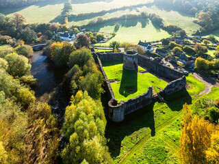 Skenfrith Castle from a drone, Monmouthshire, Wales, England