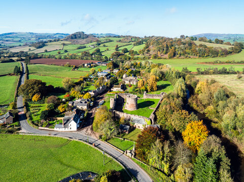 Skenfrith Castle from a drone, Monmouthshire, Wales, England