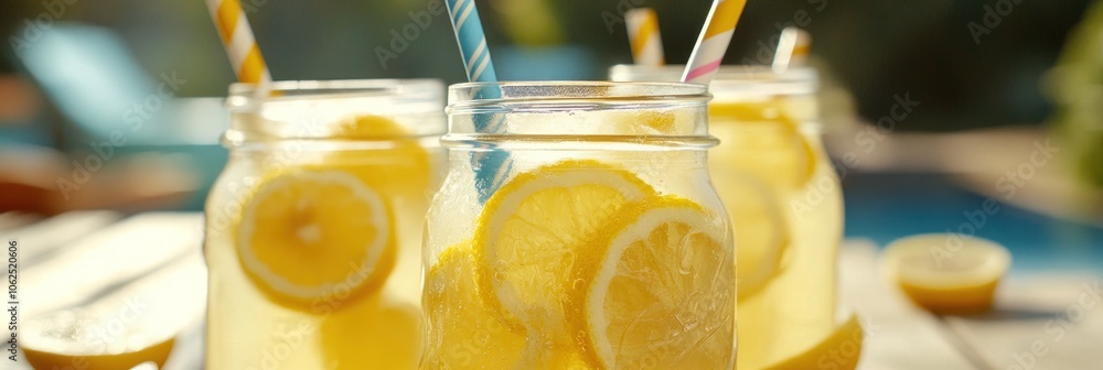 Poster refreshing lemonade in mason jars with lemon slices and ice.