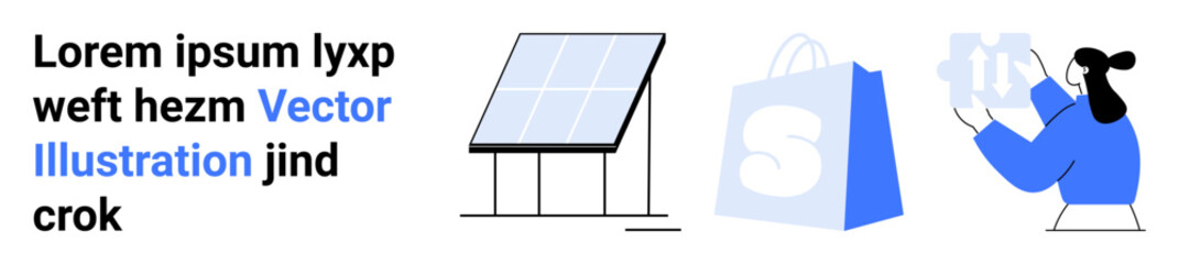 Features solar panels, a shopping bag with a logo, and a person in a lab coat examining a flask. Ideal for renewable energy, e-commerce, scientific research, environmental sustainability