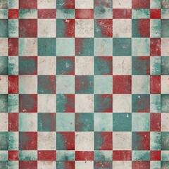Fototapeta premium Vintage grunge checkerboard pattern with red and blue squares on distressed background