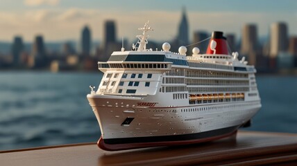 Obraz premium a crafted miniature cruise ship. The intricate details, from the multiple decks to the tiny lifeboats, are a testament to the model's craftsmanship.