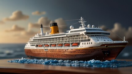 Obraz premium a crafted miniature cruise ship. The intricate details, from the multiple decks to the tiny lifeboats, are a testament to the model's craftsmanship.