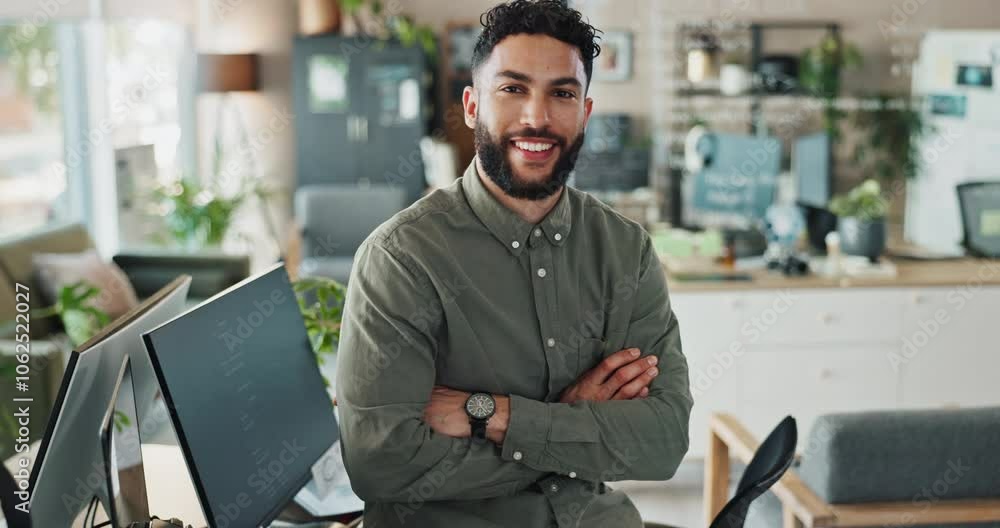 Poster Man, office and happy for coding with arms crossed for programing and system update as software engineer. Male person, employee and smile on portrait with innovation project and data development