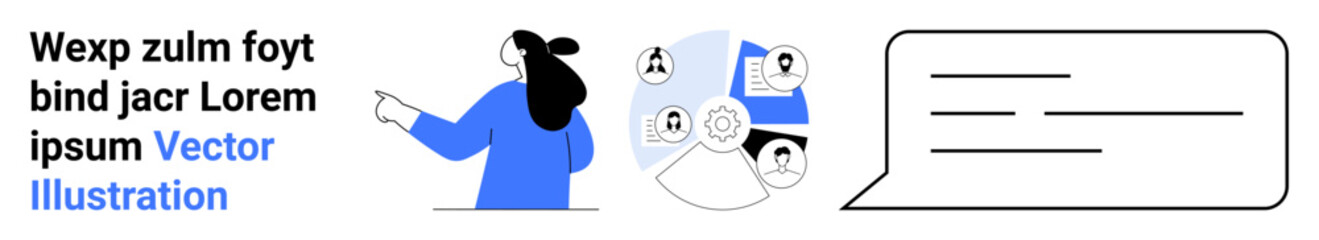 Businesswoman pointing at connections map with user icons, speech bubble for text on the right. Ideal for networking, communication, social media, business strategy, team management, presentations