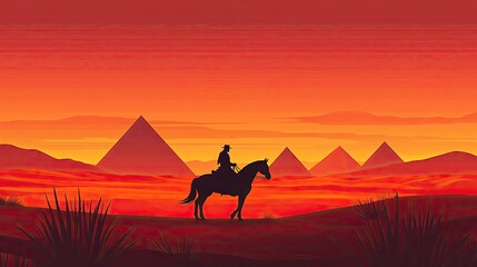 Silhouette of a rider on horseback against a sunset landscape with pyramids.