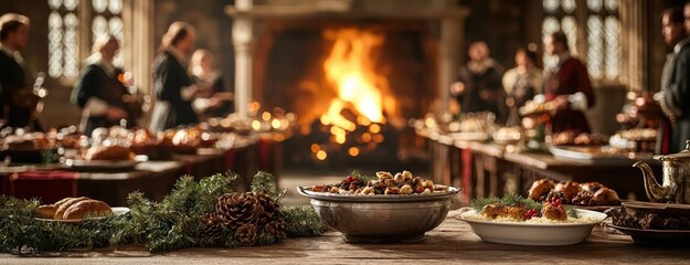 Obraz premium Feast table with various dishes, warm atmosphere, people gathering by the fireplace.