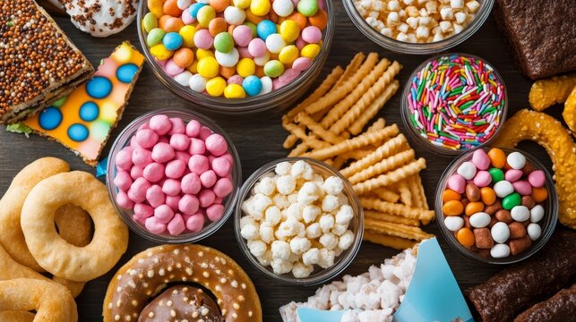 Assorted Sweet Treats Candy Snacks and Baked Goods on Wooden Background