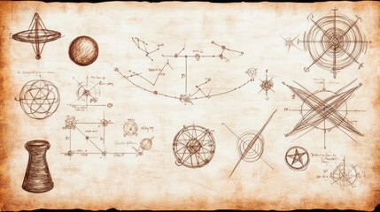 Fototapeta premium Scientific illustrations of geometrical shapes and navigation tools on aged paper.