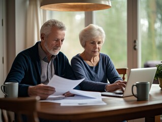 Senior couple reviewing finances at home with a laptop, discussing documents together.