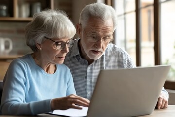 Senior couple reviewing finances at home with a laptop, discussing documents together.