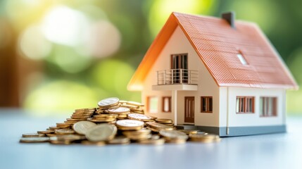 Hyperrealistic photo of a house model next to a neat pile of coins, symbolizing long-term investment in real estate. The bright, elegant setup adds a professional magazine aesthetic, captured in 32k