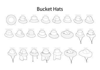 Set of Bucket Hats with names - Weatherproof Modular Adjustable Outdoor Garden Transition Fisherman, Cord Stopper. Head Fashion accessory cap technical illustration. Vector headgear for Men women © Vectoressa